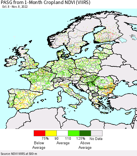Europe PASG from 1-Month Cropland NDVI (VIIRS) Thematic Map For 11/1/2022 - 11/8/2022