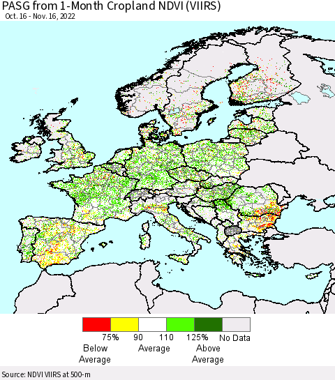 Europe PASG from 1-Month Cropland NDVI (VIIRS) Thematic Map For 11/9/2022 - 11/16/2022