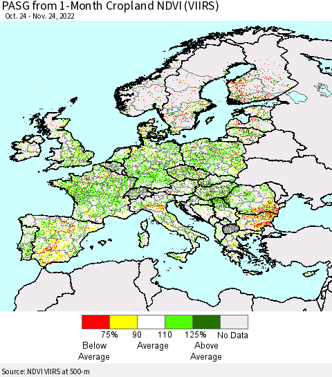 Europe PASG from 1-Month Cropland NDVI (VIIRS) Thematic Map For 11/17/2022 - 11/24/2022