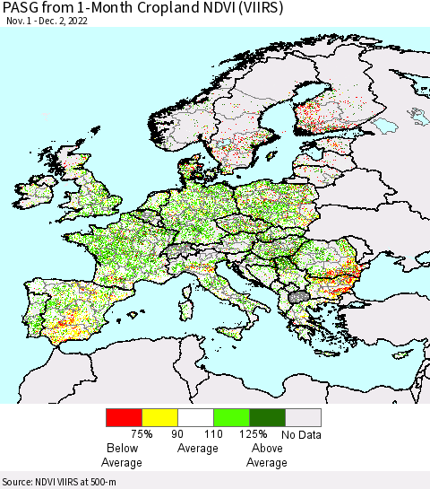 Europe PASG from 1-Month Cropland NDVI (VIIRS) Thematic Map For 11/25/2022 - 12/2/2022