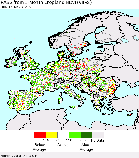 Europe PASG from 1-Month Cropland NDVI (VIIRS) Thematic Map For 12/11/2022 - 12/18/2022