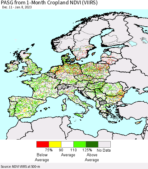 Europe PASG from 1-Month Cropland NDVI (VIIRS) Thematic Map For 1/1/2023 - 1/8/2023