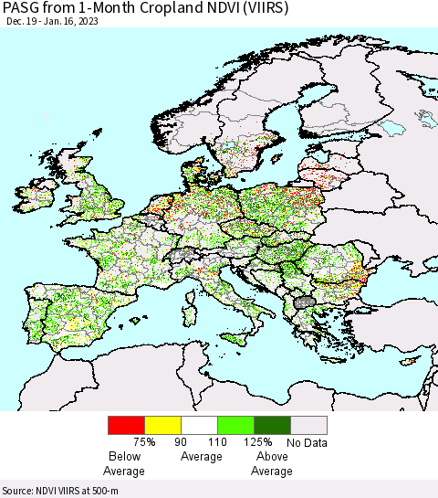 Europe PASG from 1-Month Cropland NDVI (VIIRS) Thematic Map For 1/9/2023 - 1/16/2023