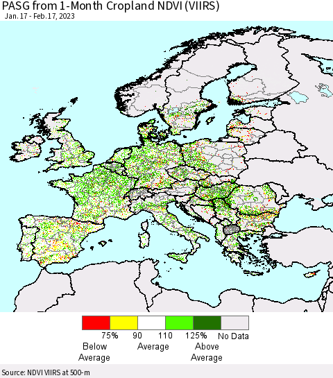 Europe PASG from 1-Month Cropland NDVI (VIIRS) Thematic Map For 2/10/2023 - 2/17/2023