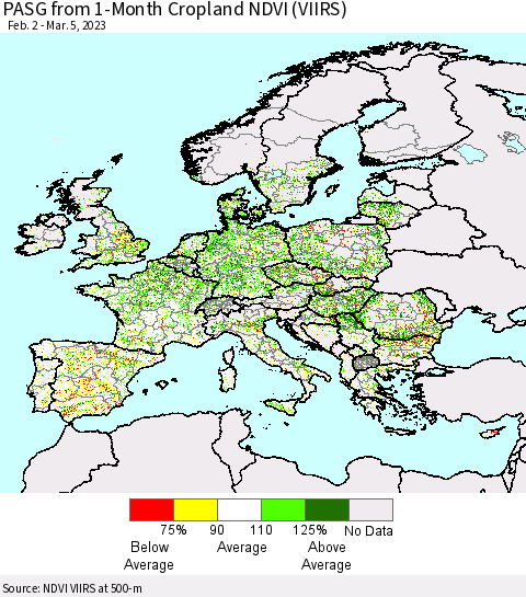 Europe PASG from 1-Month Cropland NDVI (VIIRS) Thematic Map For 2/26/2023 - 3/5/2023