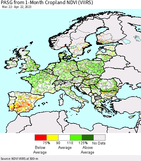 Europe PASG from 1-Month Cropland NDVI (VIIRS) Thematic Map For 4/15/2023 - 4/22/2023