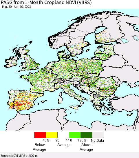Europe PASG from 1-Month Cropland NDVI (VIIRS) Thematic Map For 4/23/2023 - 4/30/2023
