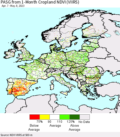 Europe PASG from 1-Month Cropland NDVI (VIIRS) Thematic Map For 5/1/2023 - 5/8/2023