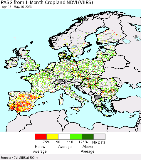 Europe PASG from 1-Month Cropland NDVI (VIIRS) Thematic Map For 5/9/2023 - 5/16/2023