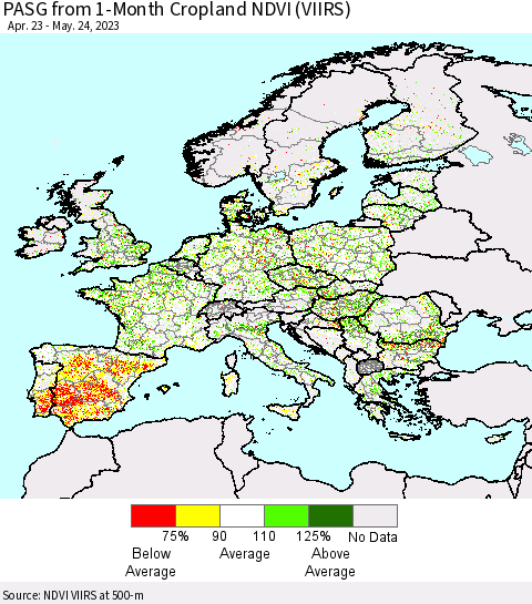 Europe PASG from 1-Month Cropland NDVI (VIIRS) Thematic Map For 5/17/2023 - 5/24/2023