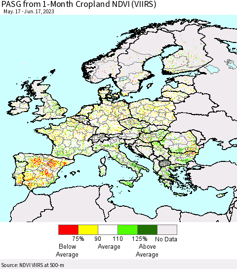 Europe PASG from 1-Month Cropland NDVI (VIIRS) Thematic Map For 6/10/2023 - 6/17/2023