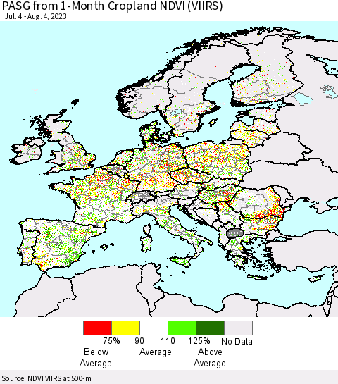 Europe PASG from 1-Month Cropland NDVI (VIIRS) Thematic Map For 7/28/2023 - 8/4/2023