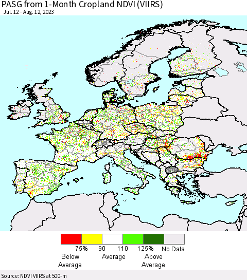 Europe PASG from 1-Month Cropland NDVI (VIIRS) Thematic Map For 8/5/2023 - 8/12/2023