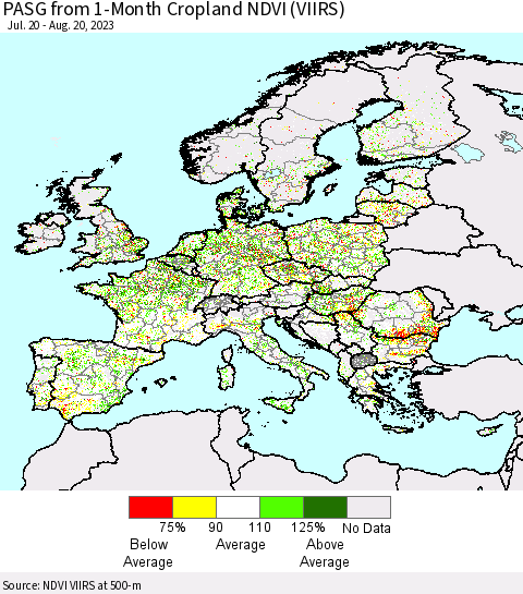 Europe PASG from 1-Month Cropland NDVI (VIIRS) Thematic Map For 8/13/2023 - 8/20/2023