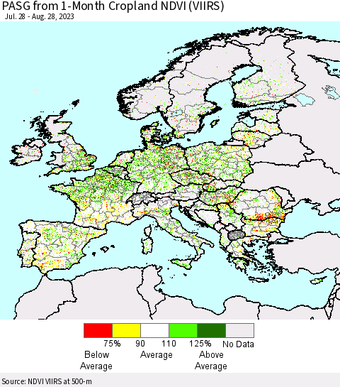 Europe PASG from 1-Month Cropland NDVI (VIIRS) Thematic Map For 8/21/2023 - 8/28/2023