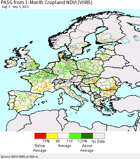 Europe PASG from 1-Month Cropland NDVI (VIIRS) Thematic Map For 8/29/2023 - 9/5/2023