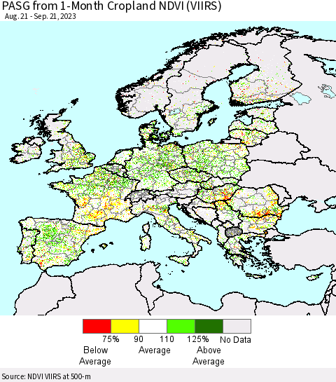 Europe PASG from 1-Month Cropland NDVI (VIIRS) Thematic Map For 9/14/2023 - 9/21/2023