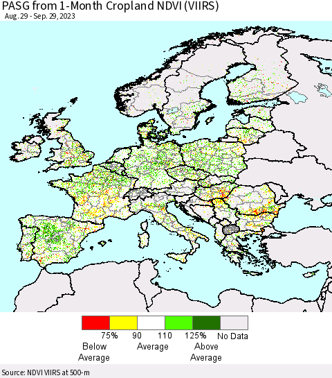 Europe PASG from 1-Month Cropland NDVI (VIIRS) Thematic Map For 9/22/2023 - 9/29/2023