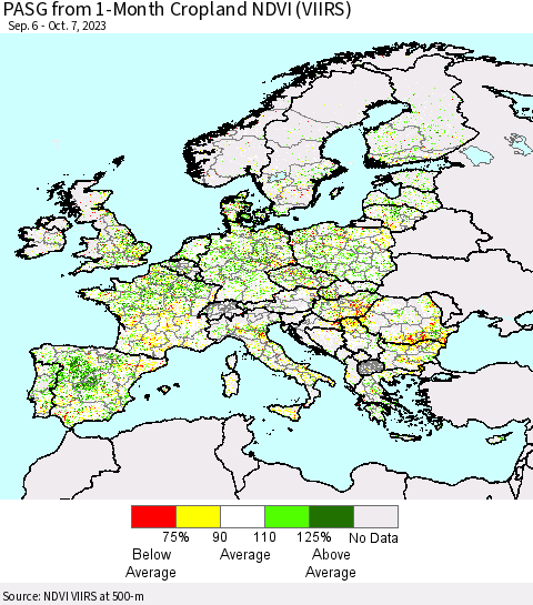 Europe PASG from 1-Month Cropland NDVI (VIIRS) Thematic Map For 9/30/2023 - 10/7/2023