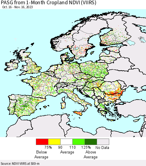 Europe PASG from 1-Month Cropland NDVI (VIIRS) Thematic Map For 11/9/2023 - 11/16/2023