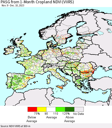 Europe PASG from 1-Month Cropland NDVI (VIIRS) Thematic Map For 12/3/2023 - 12/10/2023