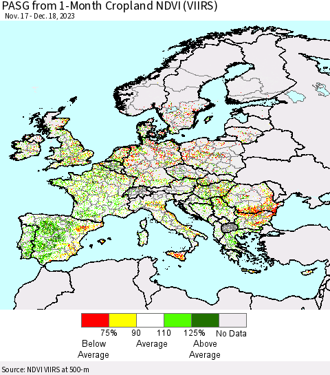 Europe PASG from 1-Month Cropland NDVI (VIIRS) Thematic Map For 12/11/2023 - 12/18/2023