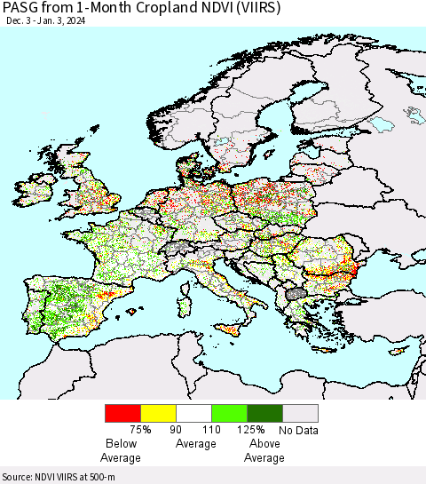 Europe PASG from 1-Month Cropland NDVI (VIIRS) Thematic Map For 12/27/2023 - 1/3/2024