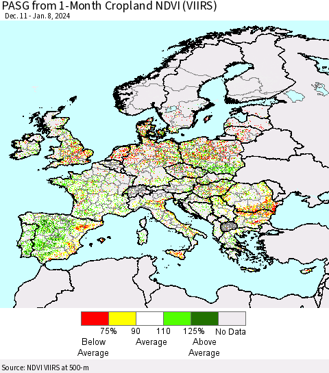 Europe PASG from 1-Month Cropland NDVI (VIIRS) Thematic Map For 1/1/2024 - 1/8/2024
