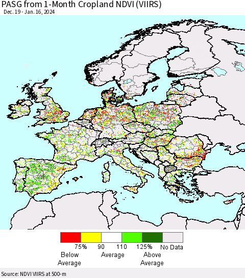 Europe PASG from 1-Month Cropland NDVI (VIIRS) Thematic Map For 1/9/2024 - 1/16/2024