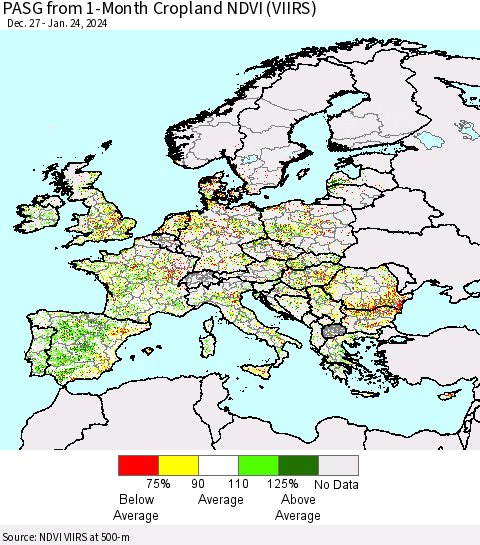 Europe PASG from 1-Month Cropland NDVI (VIIRS) Thematic Map For 1/17/2024 - 1/24/2024