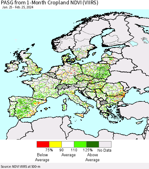 Europe PASG from 1-Month Cropland NDVI (VIIRS) Thematic Map For 2/18/2024 - 2/25/2024