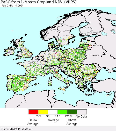 Europe PASG from 1-Month Cropland NDVI (VIIRS) Thematic Map For 2/26/2024 - 3/4/2024