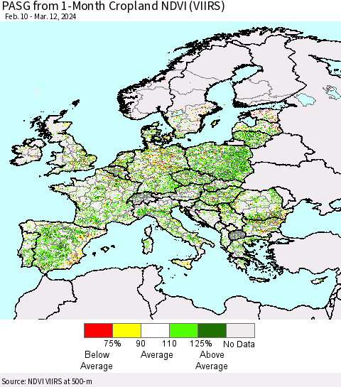 Europe PASG from 1-Month Cropland NDVI (VIIRS) Thematic Map For 3/5/2024 - 3/12/2024