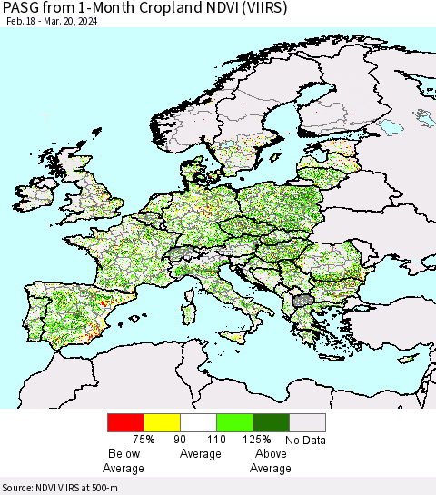 Europe PASG from 1-Month Cropland NDVI (VIIRS) Thematic Map For 3/13/2024 - 3/20/2024