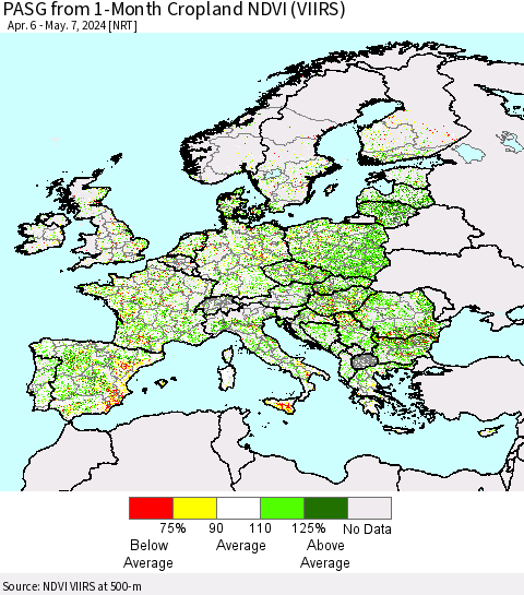 Europe PASG from 1-Month Cropland NDVI (VIIRS) Thematic Map For 4/30/2024 - 5/7/2024