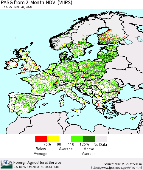 Europe PASG from 2-Month NDVI (VIIRS) Thematic Map For 3/21/2020 - 3/31/2020
