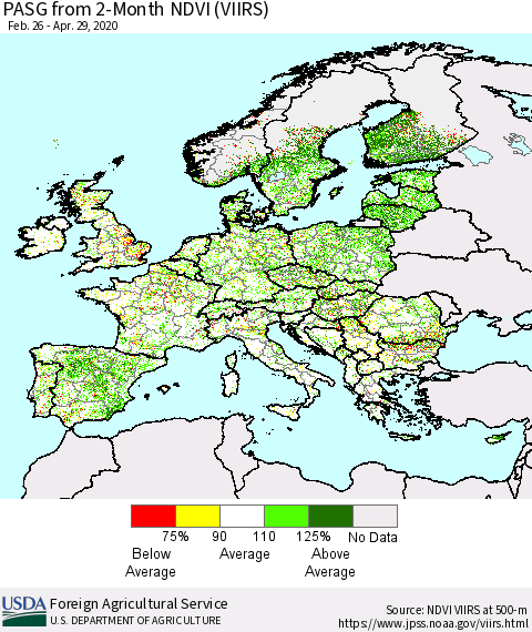 Europe PASG from 2-Month NDVI (VIIRS) Thematic Map For 4/21/2020 - 4/30/2020
