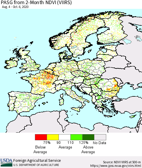 Europe PASG from 2-Month NDVI (VIIRS) Thematic Map For 10/1/2020 - 10/10/2020