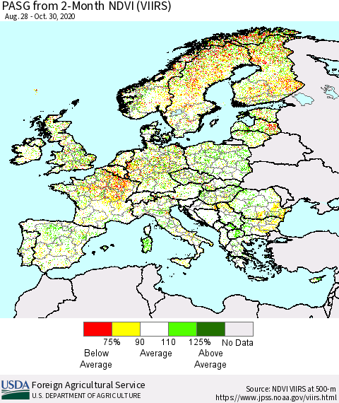 Europe PASG from 2-Month NDVI (VIIRS) Thematic Map For 10/21/2020 - 10/31/2020