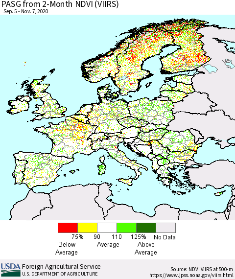 Europe PASG from 2-Month NDVI (VIIRS) Thematic Map For 11/1/2020 - 11/10/2020