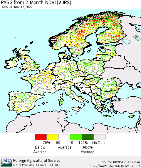 Europe PASG from 2-Month NDVI (VIIRS) Thematic Map For 11/11/2020 - 11/20/2020