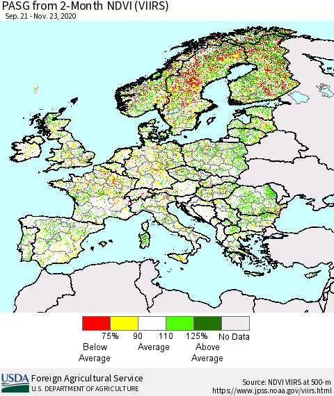 Europe PASG from 2-Month NDVI (VIIRS) Thematic Map For 11/21/2020 - 11/30/2020