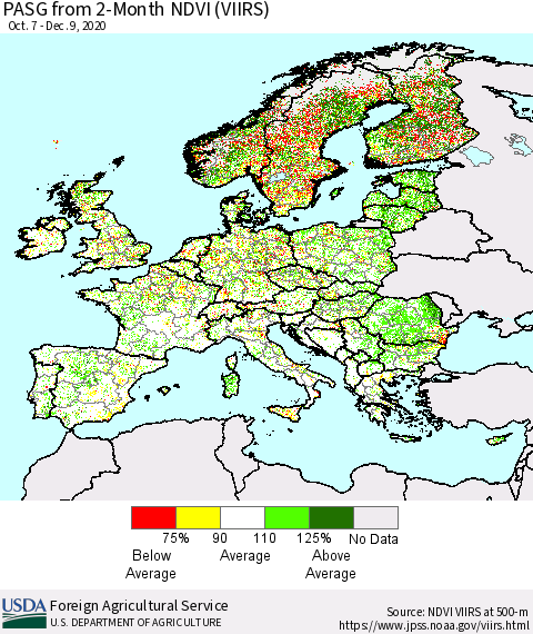 Europe PASG from 2-Month NDVI (VIIRS) Thematic Map For 12/1/2020 - 12/10/2020