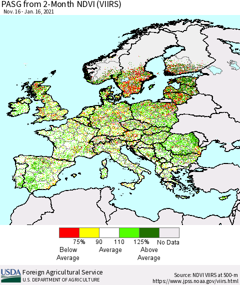 Europe PASG from 2-Month NDVI (VIIRS) Thematic Map For 1/11/2021 - 1/20/2021