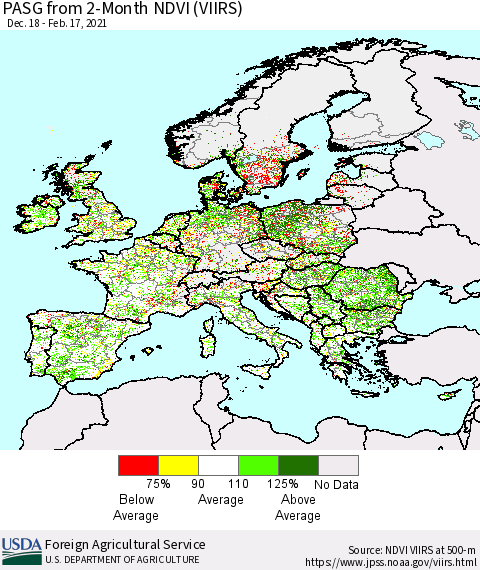 Europe PASG from 2-Month NDVI (VIIRS) Thematic Map For 2/11/2021 - 2/20/2021