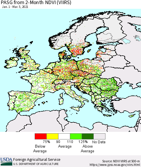 Europe PASG from 2-Month NDVI (VIIRS) Thematic Map For 3/1/2021 - 3/10/2021