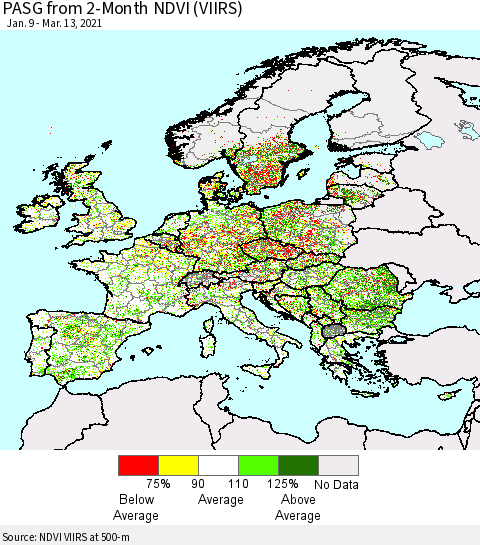 Europe PASG from 2-Month NDVI (VIIRS) Thematic Map For 3/6/2021 - 3/13/2021