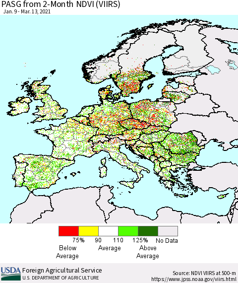 Europe PASG from 2-Month NDVI (VIIRS) Thematic Map For 3/11/2021 - 3/20/2021