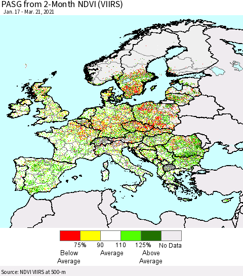 Europe PASG from 2-Month NDVI (VIIRS) Thematic Map For 3/14/2021 - 3/21/2021