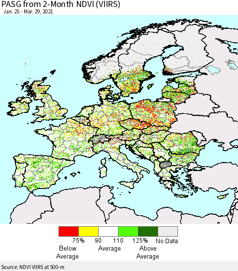 Europe PASG from 2-Month NDVI (VIIRS) Thematic Map For 3/22/2021 - 3/29/2021